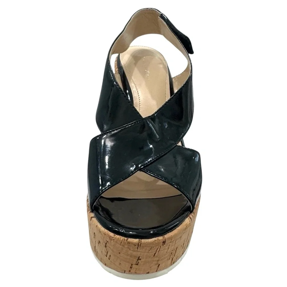 CALVIN KLEIN TAMRA BLACK PATENT & CORK PLATFORM HEELED SANDALS